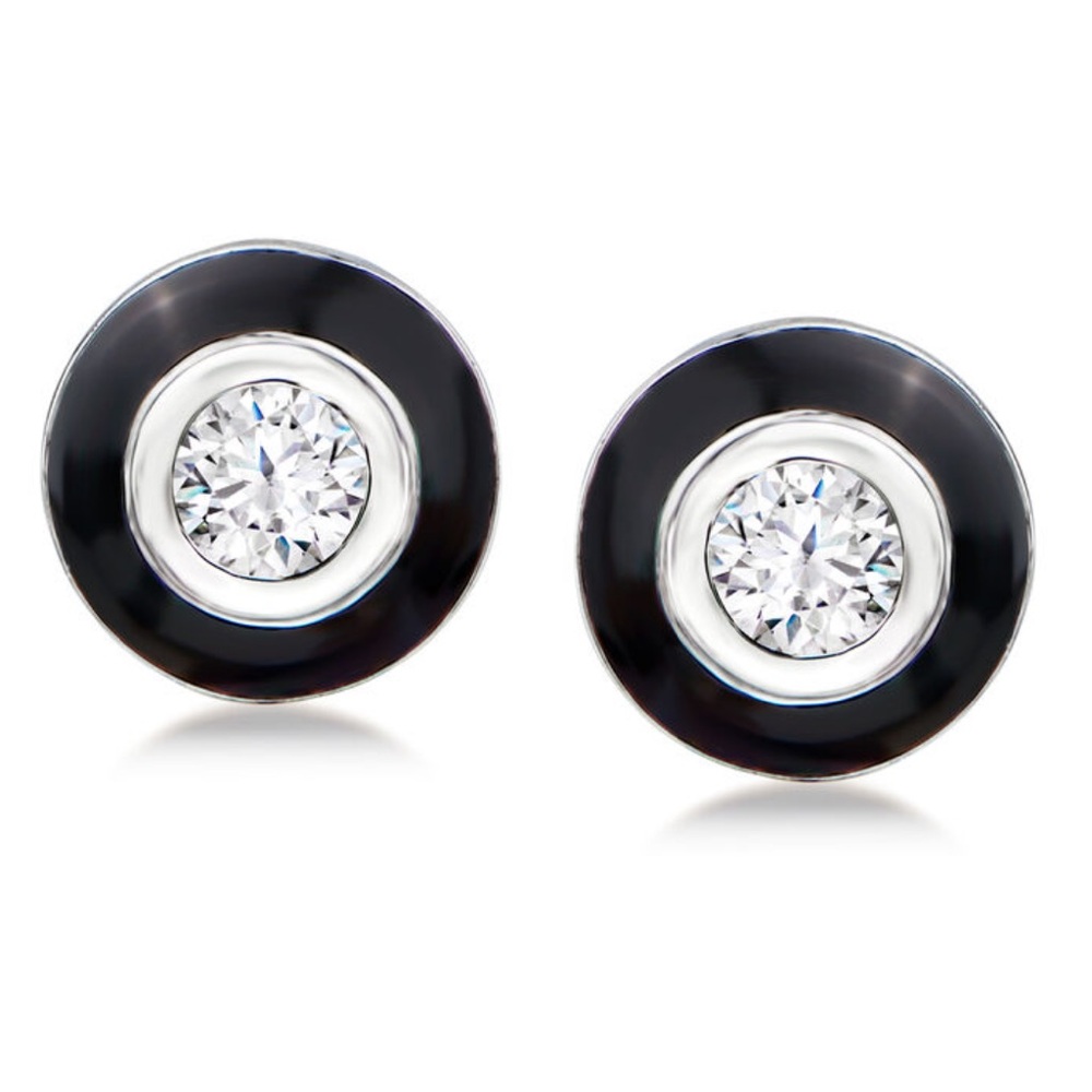 NWT Judith Ripka JR TWO Adrienne Diamond and Black Enamel Stud Earrings